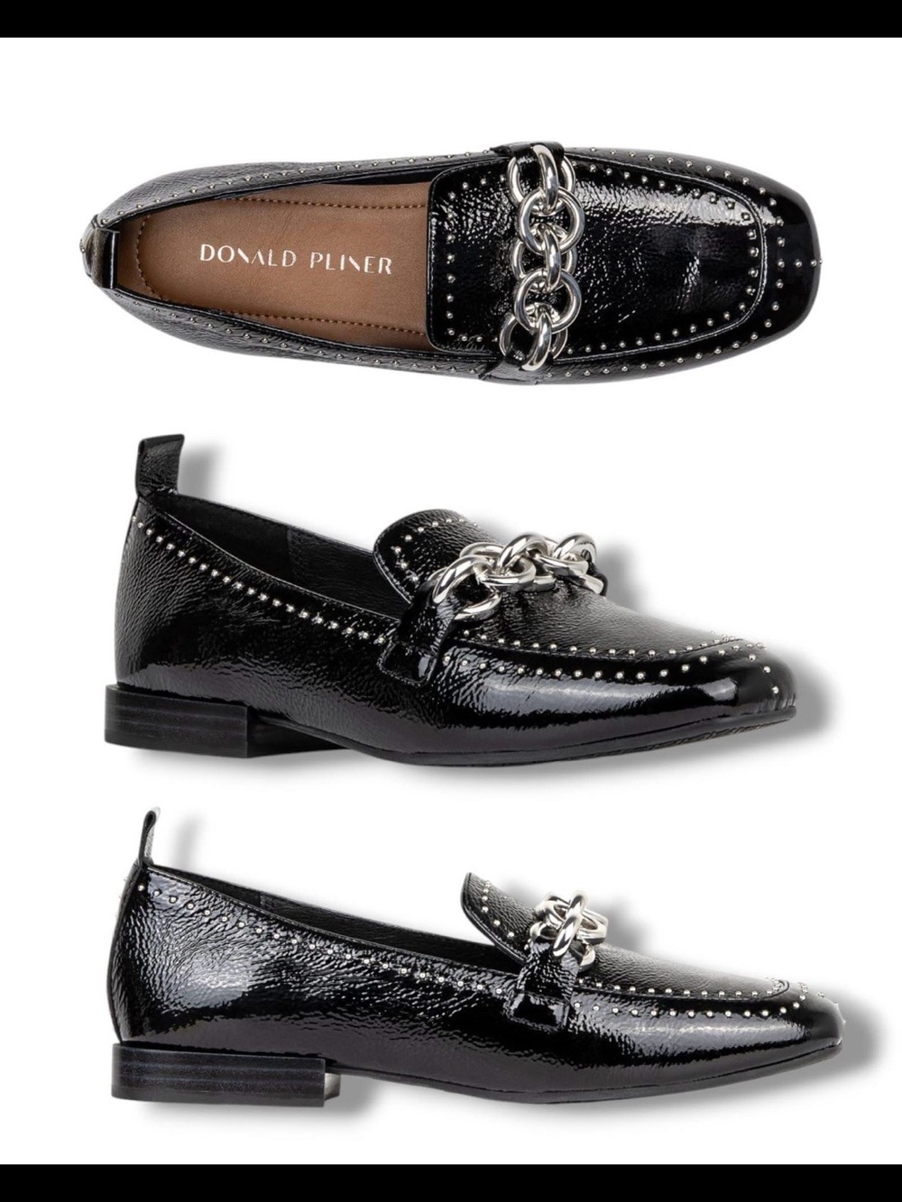 DONALD PLINER BEYERSP BLACK PATENT LEATHER SILVER STUDDED CHAIN LOAFER NEW Sz8